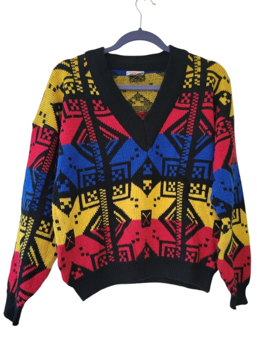 Vintage Cherry Stix Colorful 80s Korean V Neck Acrylic Long Sleeve Sweater M